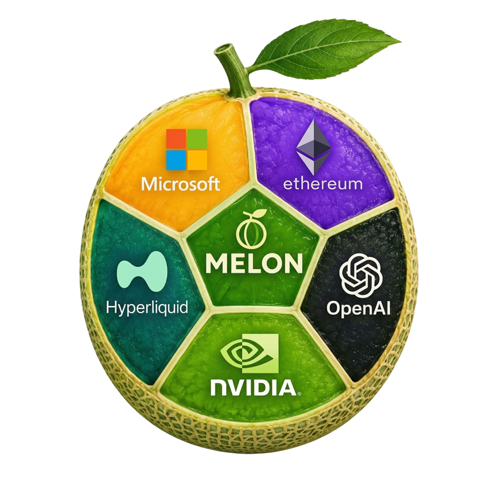 $MELON artwork: a melon divided into five segments for Microsoft, Ethereum, Hyperliquid, OpenAI and Nvidia